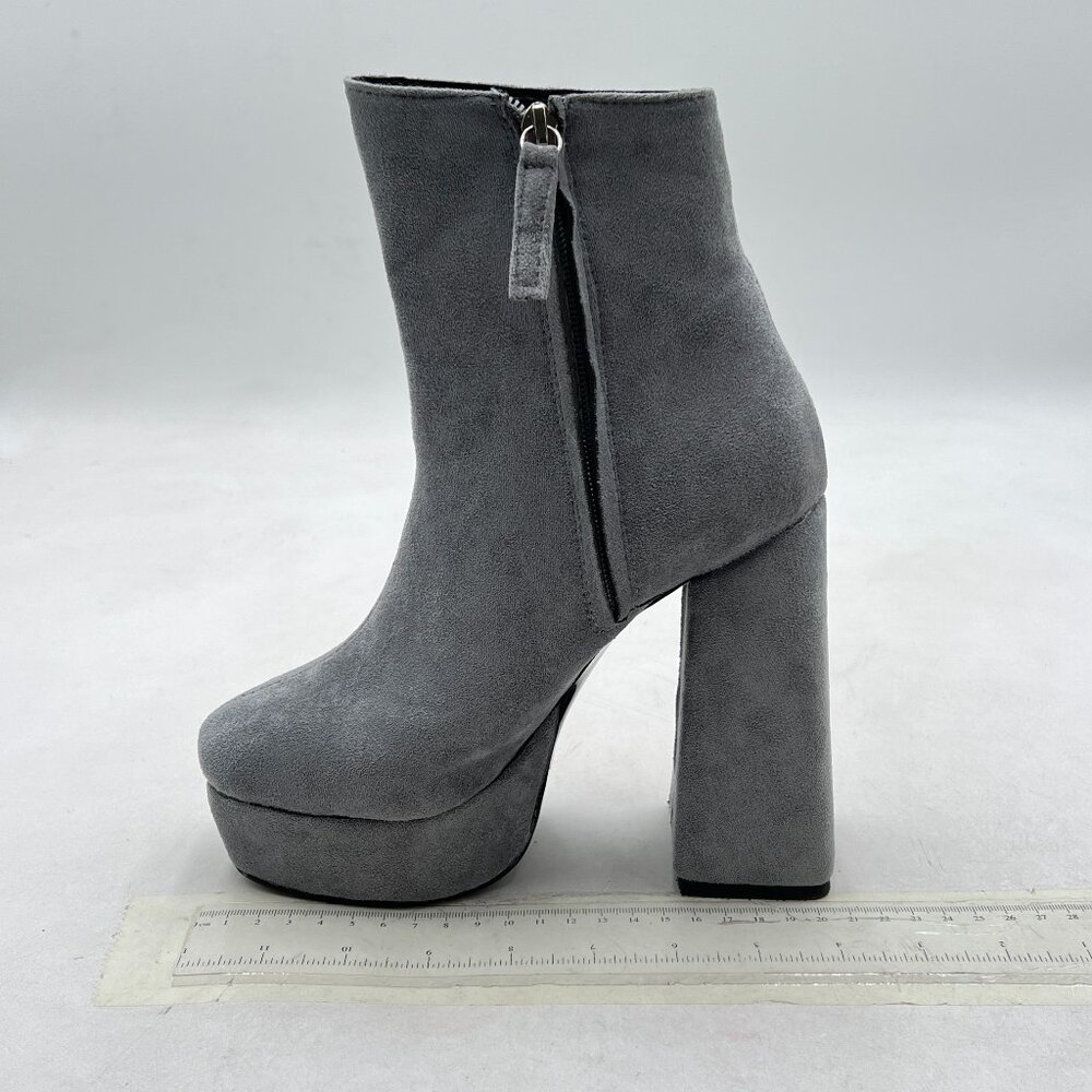 Grey Platform Square Toe Ankle Boots Chunky High Heel Side Zipper Shoes